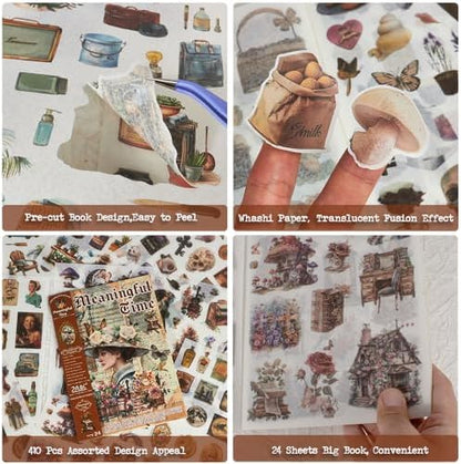 Large 24 Sheets Pre-Cut Journal Sticker Book for Junk Journal Supplies, 452pcs Vintage Washi Stickers for Journaling, Scrapbooking, Collage Materials, Bujo, Planners, Art Crafts - Image 3