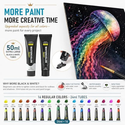 52 PCS Complete Watercolor Paint Set, Art Paint Kit with 18 Larger Tubes - Image 3