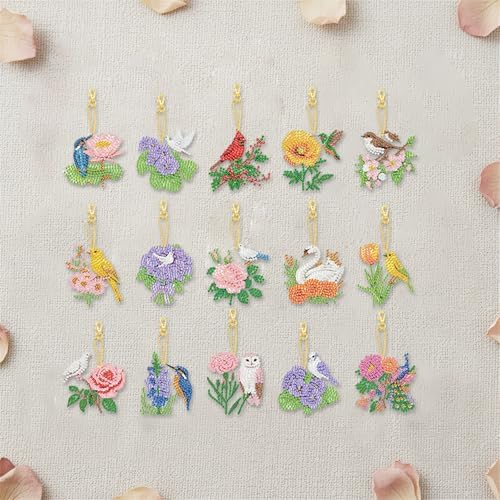 LAKEQUILL 15Pcs 5D DIY Diamond Art Painting Keychain Kits - Double Sided Flowers Animals Pendants Decorative Key Rings for Adults Beginners Craft - Image 3