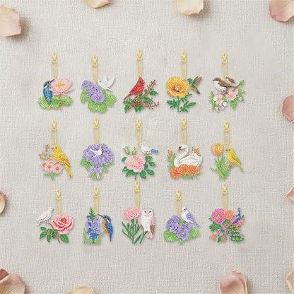 LAKEQUILL 15Pcs 5D DIY Diamond Art Painting Keychain Kits - Double Sided Flowers Animals Pendants Decorative Key Rings for Adults Beginners Craft - Image 3