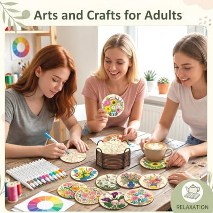 Wooden Drink Coasters Kits for Adults, 65 Pcs Paint Your Own Set with 24 Markers, 20 Coasters, 20 Cork Mats, 1 Holder(Flower) - Image 5