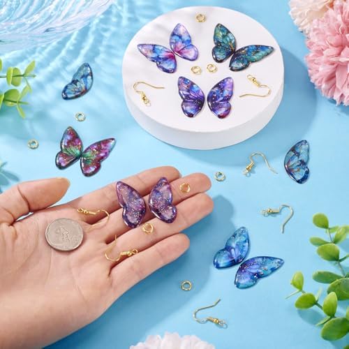 FASHEWELRY 14Pcs Resin Butterfly Wing Charms for Earring, Gradient Insect Wing Pendants Colorful Feather Wings Charms with Gold Foil for Jewelry Making - Earring Hooks & Jump Rings - Image 3