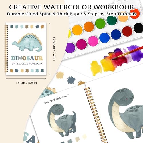 Easy Dinosaur Watercolor Workbook for Beginners, Water Coloring Book, 18 Colors Watercolors Paint Set, 12 Patterns Watercolor Kit, Fun Family Art Activity, Gift for Adults Teen - Image 2
