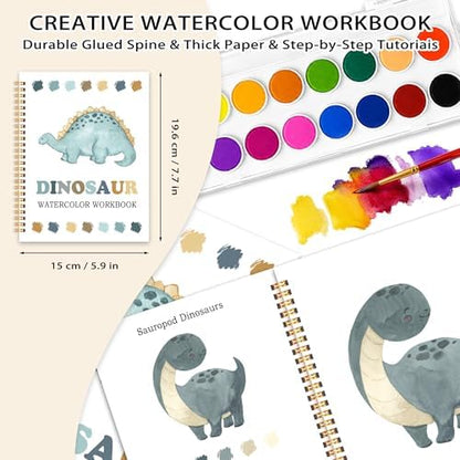Easy Dinosaur Watercolor Workbook for Beginners, Water Coloring Book, 18 Colors Watercolors Paint Set, 12 Patterns Watercolor Kit, Fun Family Art Activity, Gift for Adults Teen - Image 2