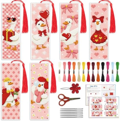 ACRNIGHEET 6PCS Cross Stitch Bookmark Kit for Beginner Cute Goose Stamped Cross Stitch Kits Needlepoint Kit for Adults DIY Tassel Embroidery Bookmark Kits with Instructions Craft Gift 8.5"x3" 11CT by ACRNIGHEET