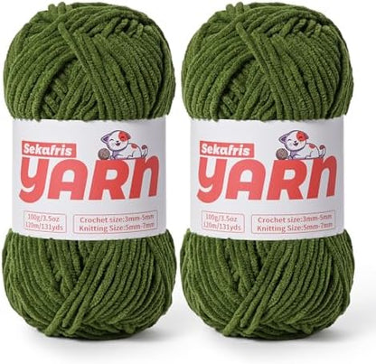Plush Chunky Chenille Yarn for Crocheting, Soft Fluffy Velvet Yarn for Crocheting Amigurumi, Fuzzy Baby Blanket Knitting 200g/262yds Bulky(2 Pine Green) by Sekafris