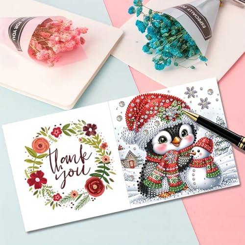 Christmas DIY Diamond Greeting Cards Set, 5D DIY Diamond Art Painting Christmas Style Greeting Card, DIY Christmas Card Making Kits for Family Friends Handmade Gift-#02-Penguin - Image 5