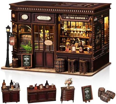 Book Nook Kit for Adults, DIY Miniature House Kits, Corner Tavern 3D Wooden Dollhouse with Sensor LED Light, Corner Bar Building House Bookend Model Craft, Home Bookshelf Decor Birthday Gift by Hallisun