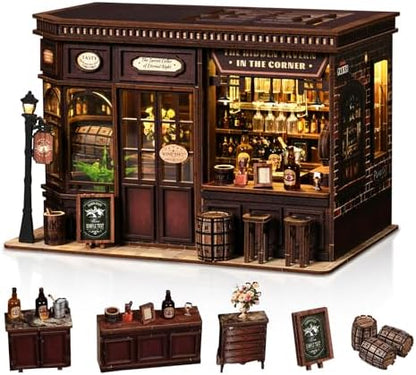 Book Nook Kit for Adults, DIY Miniature House Kits, Corner Tavern 3D Wooden Dollhouse with Sensor LED Light, Corner Bar Building House Bookend Model Craft, Home Bookshelf Decor Birthday Gift by Hallisun