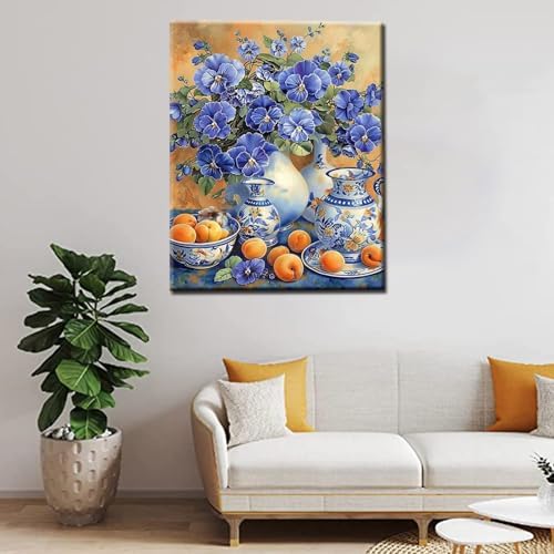 Tucocoo Flower Paint by Bumbers for Adults Beginner Bule Flowers Vase DIY Paint by Numbers Acrylic Paint Canvas Vintage Exquisite Bedroom Decor Painting Kits Flower Furit Art 16x20 Inch （DIY Frame ） - Image 4