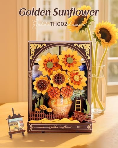 3D Wooden Puzzles for Adults - Van Gogh Golden Sunflower DIY Model Building Kits with LED Light - Gifts for Mothers Day - Home Decor, Wall Art & Unique Creative Gifts for Art Lovers/Men/Women - Image 2