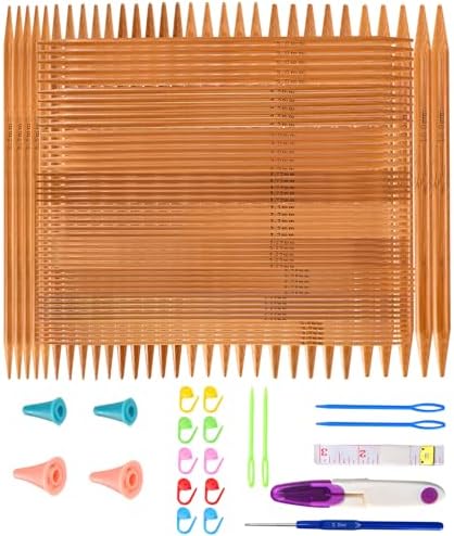 Double Pointed Knitting Needles Set,75 Pcs Wooden Bamboo Knitting Needles Kit,15 Sizes from 2.0mm-10.0mm,with Small Tools,Straight Wood Needles for Beginners,Making Sweater,Scarf,Sock,Weave by Unknown