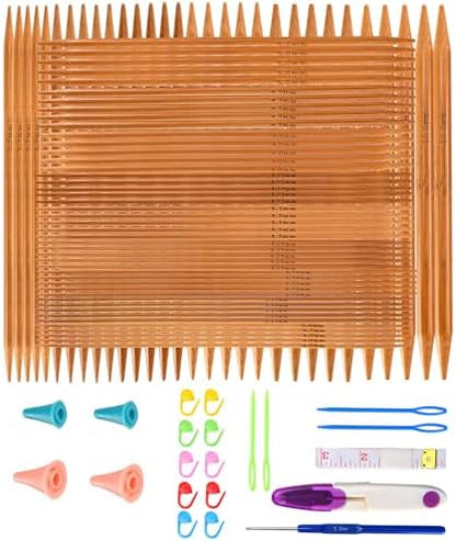 Double Pointed Knitting Needles Set,75 Pcs Wooden Bamboo Knitting Needles Kit,15 Sizes from 2.0mm-10.0mm,with Small Tools,Straight Wood Needles for Beginners,Making Sweater,Scarf,Sock,Weave by Unknown
