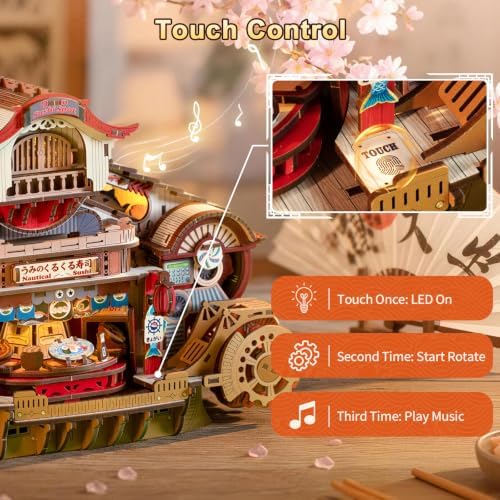 DIY Miniature House Kit, Japanese Dollhouse 3D Wooden Puzzles for Adults with Music & LED Lights, 425PCS Sushi Boat Mechanical Moving Model, Home Decor Building Craft Birthday - Image 6