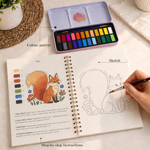 Watercolor Workbook - Water Color Coloring Book Set for Adults. 14 Land Animal Water Colors Book, 24 Color Watercolor Paint, 3 Brush Pens, 300g Watercolor Paper, Perfect Gifting for Beginners - Image 5