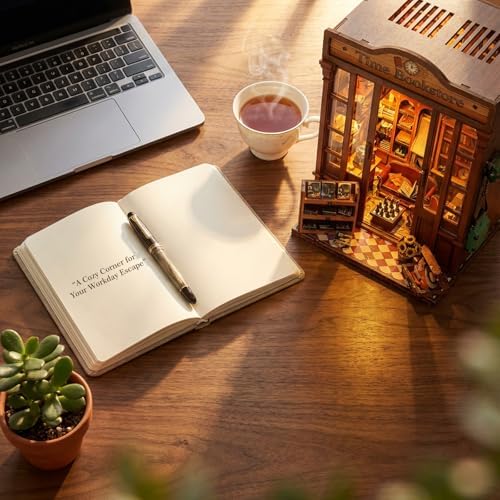 Book Nook Kit – DIY Miniature House 3D Puzzle with LED, Time Bookstore Dollhouse Kit for Adults & Teens, 259-Piece Library Model for Bookshelf Decor, Gifts for Family Friends - Image 6