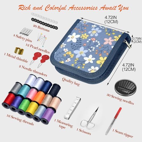 Sewing Kit Gifts for Grandma, Mom, Friend, Traveler, Adults, Beginner, Emergency,Sewing Supplies Accessories with Scissors,Sewing Needles Thimble, Thread etc(Wildflower Light Gray, S) - Image 3