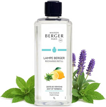 Maison Berger Zest of Verbena Lampe Berger Refill, 1 Liter (33.8 fl oz), 2-in-1 Catalytic System, Neutralizes Odors and Diffuses Fragrance, Lime, Verbena, Mint, Made in France
