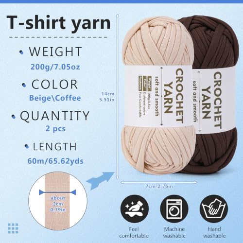 SHWAKK 2 Pack T-Shirt Yarn, Beige, Coffee Brown Crochet Yarn for Crocheting - Image 2