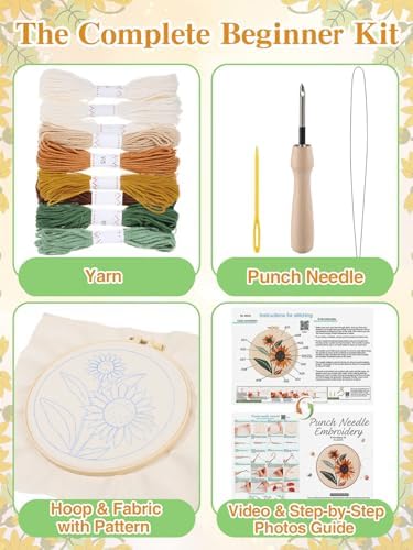 Punch Needle Kit Adults Beginner - Step-by-Step Video & Guide, Includes Hoop/Needle/Yarns/Punch Needle Fabric with Pattern, Spring Embroidery Craft Gifts for Women, Sunflower - Image 2