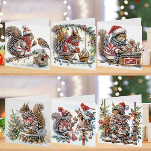jinglinhh 6pcs Christmas Squirrel Cardinal Bird Diamond Art Painting Greeting Cards with Envelopes, DIY Card Making Kits for Adults, Diamond Art Postcards Holiday Cards Craft Gifts - Image 5