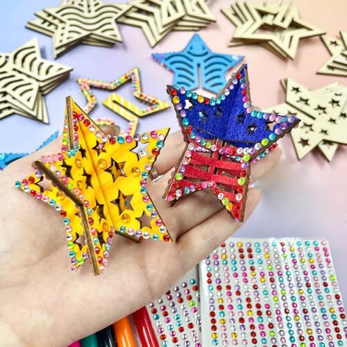 KitsyKraft 32-Piece Wooden 3D Star Crafts Kit – 16 Pair Star-Themed DIY Wooden Blank Ornaments with 2 Diamond Stickers, Unfinished Wood Cutouts for Home Decor or Creative Projects - Image 5