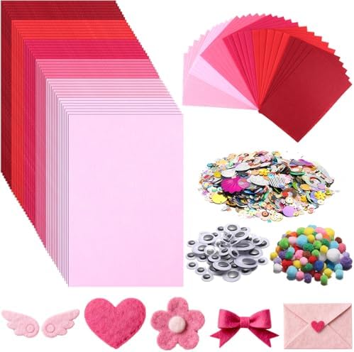 gisgfim 42Pcs Valentine's Day Pink Felt Fabric Sheets Craft Kit 8 x 12 Inch Assorted Soft Red Pink Felt Pack with Wiggle Eye Stickers Pom Poms Glitter Craft Supply for DIY Sewing Creative Art Project by gisgfim