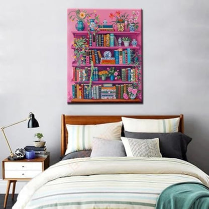 Bookshelf Book Theme Paint by Numbers Kits for Adult Boho Paint by Numbers Library Painting Kits on Canvas with Brushes and Acrylic Pigment for Home Wall Decor Without Framed 16''W x 20''H - Image 2