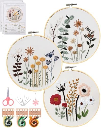 Santune 3 Sets Embroidery Kit,Cross Stitch Kits for Beginners,Needlepoint Kits for Adults with Easy Floral Pattern Hand Crafts,Hoop,Needle,Mothers Day Gifts by Santune