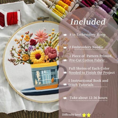 FONNUY Floral Embroidery Kit for Beginners, Colorful Flowers Pre-Stamped Pattern Kits for Adults with Hoop, Thread Needlework, 8'' Hoop (Cup) - Image 2