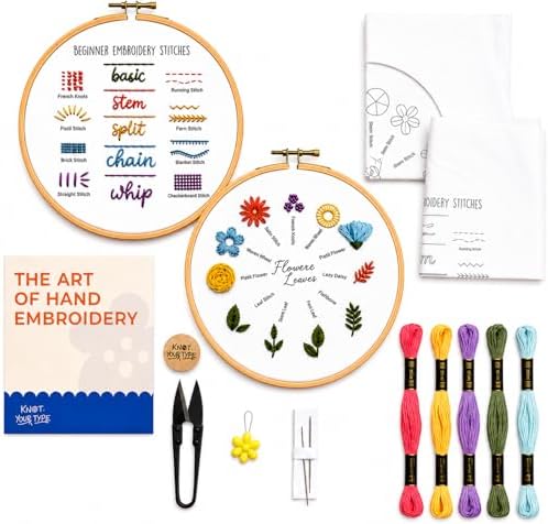 KNOT YOUR TYPE Stiches and Flowers DIY Embroidery Kit for Beginners - Bundle of 2 | Hand Embroidery Kit with All Stitching Materials | Perfect Art & Craft Gift Set, Stitching Kit for Adults by KnotYourType