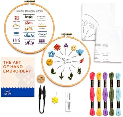 KNOT YOUR TYPE Stiches and Flowers DIY Embroidery Kit for Beginners - Bundle of 2 | Hand Embroidery Kit with All Stitching Materials | Perfect Art & Craft Gift Set, Stitching Kit for Adults by KnotYourType