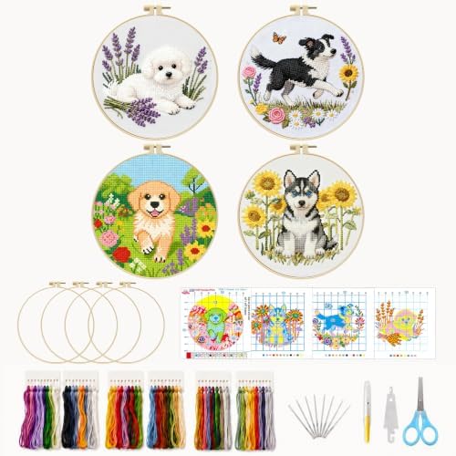 4 Pack Dog Embroidery Kit for Beginners, DIY Needlepoint Set for Adults by TPQKA