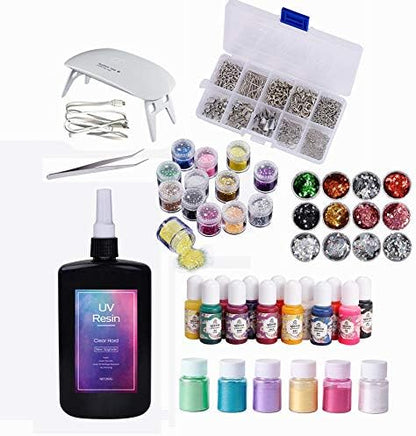 250g UV Resin 1min Curing + Liquid Dyes + Pearl Pigment Powder + 24 Holographic Multi-Shaped Glitter Filler + Portable UV Lamp + Tweezer + 900pcs Jewelry Findings Kit for DIY Crafts Jewelry Making by VidaRosa