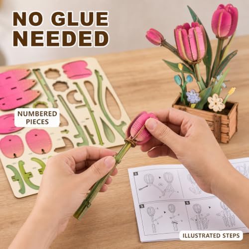 Evankin 3D Wooden Pink Tulip Puzzle Kit, DIY Bouquet Model - Image 3