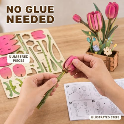 Evankin 3D Wooden Pink Tulip Puzzle Kit, DIY Bouquet Model - Image 3