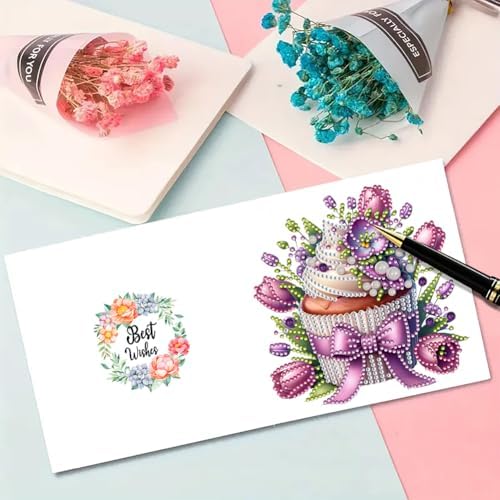 jinglinhh 6pcs Tulip Sunflower Cupcake Flower Diamond Art Painting Greeting Cards with Envelopes, DIY Card Making Kits for Adults, Diamond Art Postcards Christmas Cards Craft Gifts - Image 6