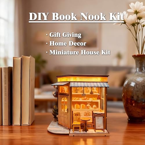 DIY Miniature House - LED Lighting Book Nook Kit Dollhouse Kit for Adults and Teens, Book Nook Tiny House Bookshelf 3D Wooden Puzzle, Gifts for Family Friends (Bakery) - Image 2