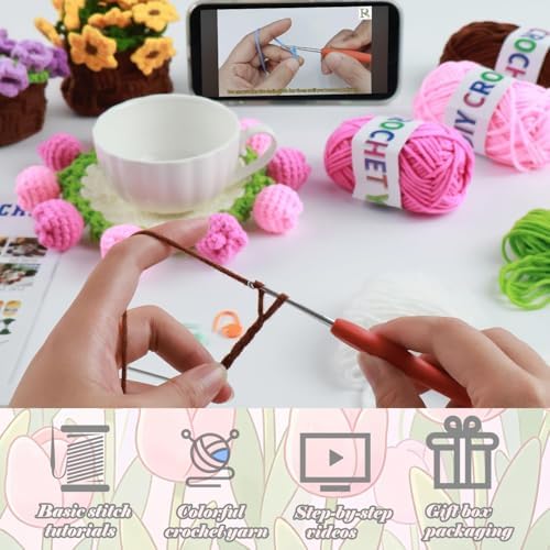 Yarniss Beginners Crochet Kit, Tulip Flower Coaster Set w/Video Guide - Image 6