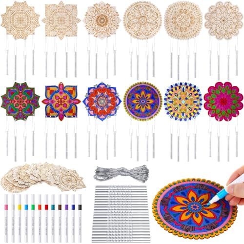 Potchen 18 Sets DIY Wind Chimes Craft Kit Unfinished Wood Art, Mandala by Potchen