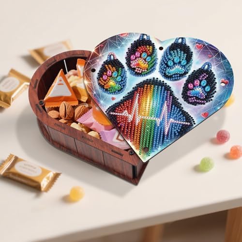 DIY Diamond Painting Storage Box Kit, Heart-Shaped Wooden Special Shaped Diamond Art Organizer for Small Accessories or Jewelry, Decorative Gift Case for Desktop Display (Rainbow Paw) - Image 6