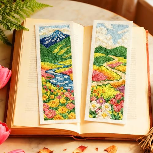 INFUNLY 6 Set Spring Scenery DIY Cross Stitch Bookmark Kits for Adults Wildflowers Counted Cross Stitch Kit with Instructions Landscape Stamped Embroidery Bookmark Kit for Book Lovers Readers Gift - Image 5