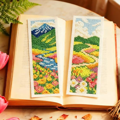 INFUNLY 6 Set Spring Scenery DIY Cross Stitch Bookmark Kits for Adults Wildflowers Counted Cross Stitch Kit with Instructions Landscape Stamped Embroidery Bookmark Kit for Book Lovers Readers Gift - Image 5