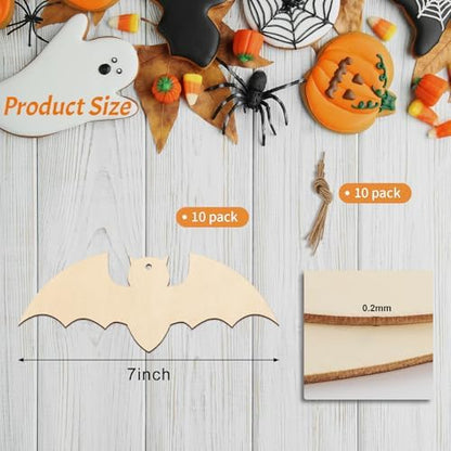 Large Size 7inch Wooden Halloween Ornaments to Paint,Bat Cutouts Unfinished DIY Blank Unfinished Pumpkin Wood Discs Ornament for Crafts Hanging Autumn Decorations 10PCS - Image 5