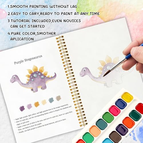 12 Dinosaur Patterns Watercolor Set, Painting Book for Beginners, Fun Family Art Activity Kit, Creative DIY Gift for Adults, Dino Lover Stress Relief Workbook - Image 4