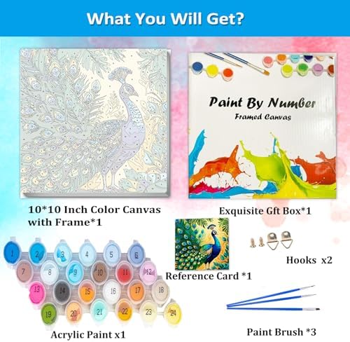 Artunion Framed Paint by Numbers Kit for Adults Beginners & Kids Ages 8-12,Colorful Peacock Paint by Number with Frame,Bird Animals Paint by Numbers Kit on Canvas 10 * 10 Inch Without Easel - Image 4