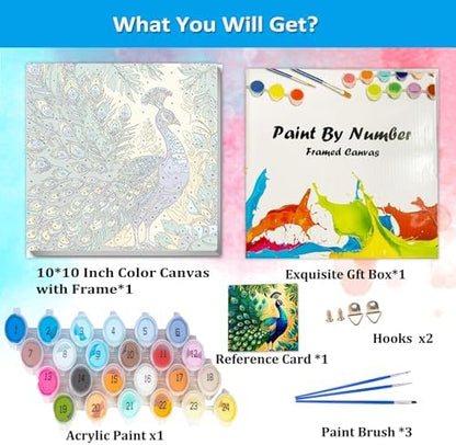 Artunion Framed Paint by Numbers Kit for Adults Beginners & Kids Ages 8-12,Colorful Peacock Paint by Number with Frame,Bird Animals Paint by Numbers Kit on Canvas 10 * 10 Inch Without Easel - Image 4