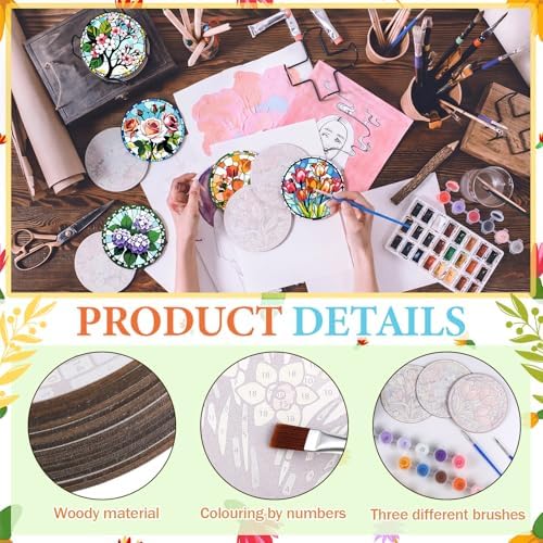 Reallnaive 8 Pcs Flower Paint by Numbers Kit for Adults Wood Floral Coaster - Image 4