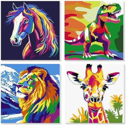 MVVMTOP 4 Pack Paint by Numbers Kit for Adults Beginner with Wooden Frame, Easy DIY Horses, Tyrannosaurus Rex, Lions, Giraffes Acrylic on Canvas Paint Kits, for Home Wall Decoration Arts Crafts by MVVMTOP