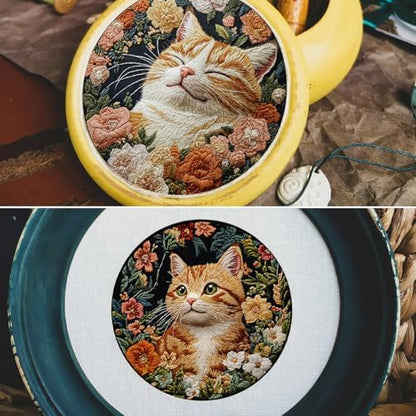 FONNUY 2 Set Embroidery Kit DIY for Adult Beginner, Pre-Stamped Patterns Mountain Sea Embroidery Kits with Hoop, Colored Threads and Needles, Easy to Follow Needlework (Cute Cats) - Image 3